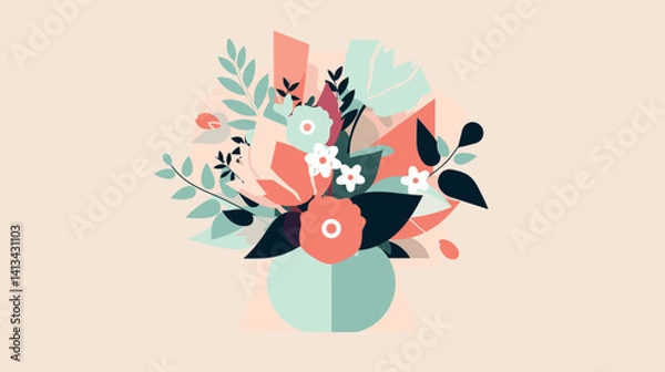 Fototapeta Minimalistic floral abstract art with leaves and flowers in pastel colors flat vector illustration
