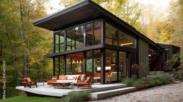 Fototapeta Swiss Modern cabin with clean lines, large glass expanses, and a neutral palette accented by pops of burnt orange. 