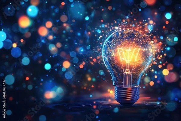 Fototapeta Light bulb with glowing particles against a dark background with bokeh lights.