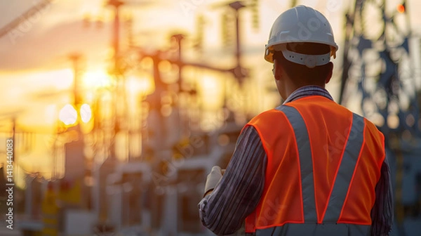 Fototapeta Professional engineer and electrician inspecting substation construction site