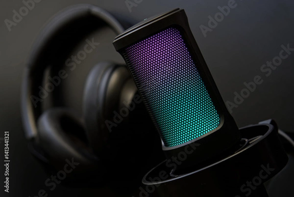 Fototapeta Stylish RGB microphone with headphones on dark background, perfect for illustrating streaming or podcasting setups. Photo