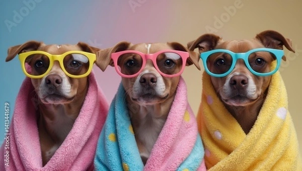 Obraz Charming brown puppy and towel. Close-up shot indoor. Studio photograph, isolated background. Idea of relaxation, travel, and tourism. Pet maintenance