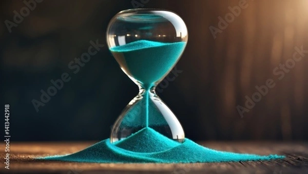 Obraz Sand flowing through the bulbs of an hourglass tracking the passage of time in a countdown, set against a dark backdrop with space for text.