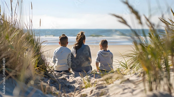 Fototapeta Serene Family Enjoying Beautiful Coastal View on Darss Mecklen Beach Dune
