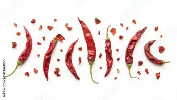 Obraz Dried Red Chili Peppers and Flakes on White Background