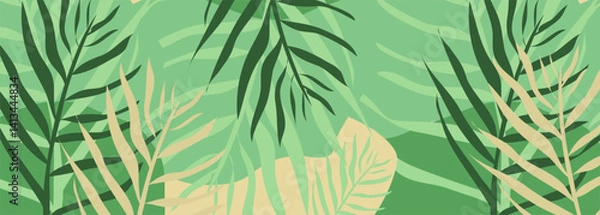 Fototapeta Vector abstract tropical leaves. Summer or spring creative concept wide banner background.