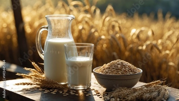 Fototapeta Oat milk in a glass jug with raw oatmeal in a bowl on the table