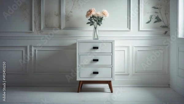 Fototapeta Modern white nightstand equipped with three drawers and topped with a glass flower vase, used as a background for photography.