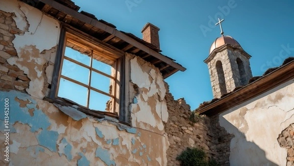 Fototapeta An aged structure featuring flaking walls, a wooden window frame, a deteriorated chimney, and a copper dome topped with a cross against a blue backdrop. Architecture reflecting the essence of the era.
