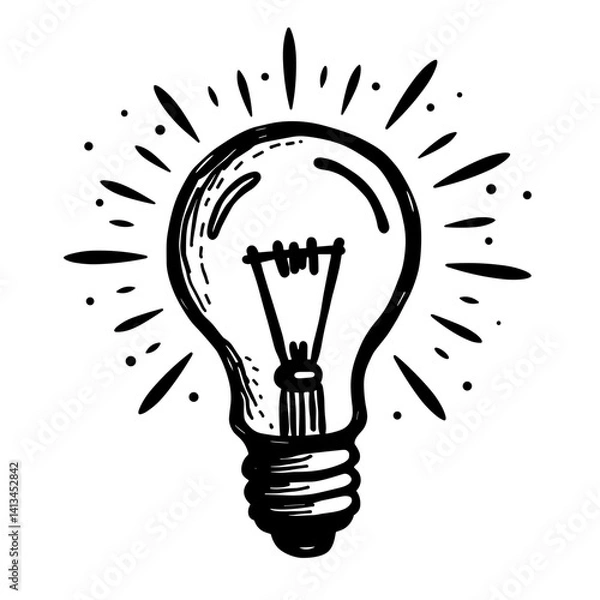 Obraz Hand-drawn lightbulb icon with rays representing creative idea or insight - concept of innovation imagination invention design thinking entrepreneurship