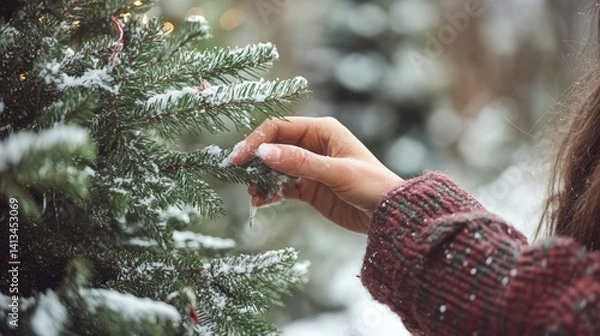 Obraz Female hand touching snowy christmas tree branch in winter wonderland