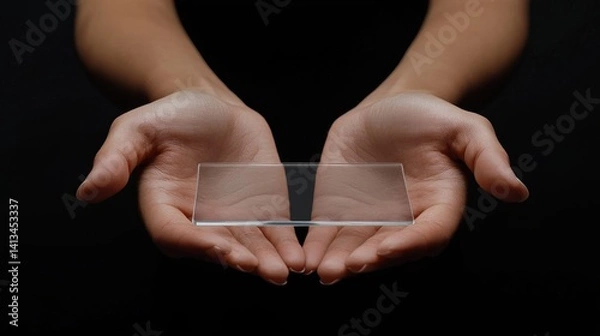 Fototapeta Hands presenting transparent glass rectangular object against dark background