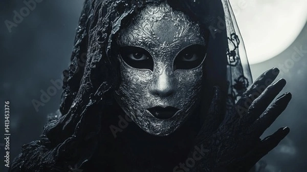 Obraz Mysterious figure in ornate silver mask with veil in moonlit setting