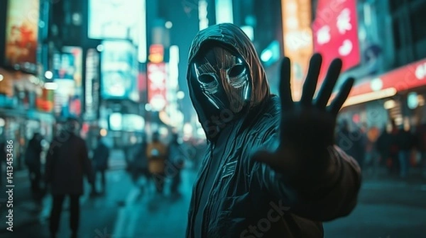Obraz Mysterious hooded figure in futuristic mask gestures stop in neon-lit urban setting