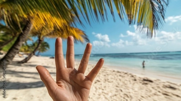 Obraz Relaxed beach scene with palm trees and hand gesture on a tropical shoreline