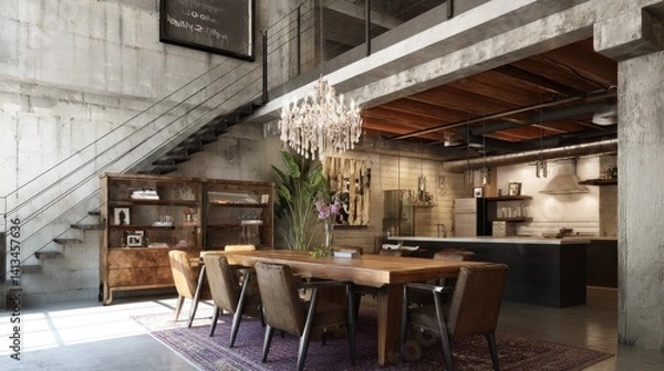 Fototapeta Urban industrial dining space with exposed beams, raw textures, and a fusion of modern and vintage elements