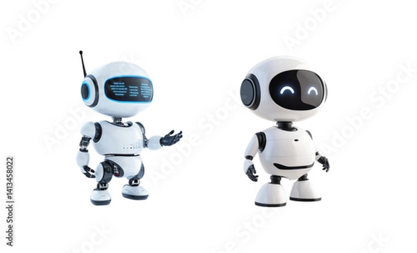 Fototapeta Two friendly white robots with round heads and smiling faces standing together