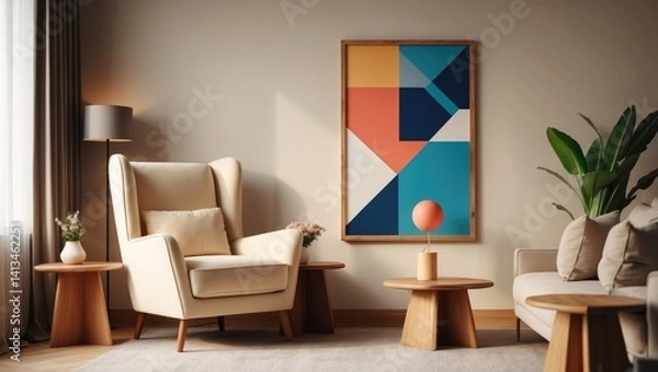 Fototapeta Design of a harmonized living room with a mock-up poster frame, trendy armchair, lamp, coffee table, decorative elements, and personal accessories. Wall. Home decor. Template.