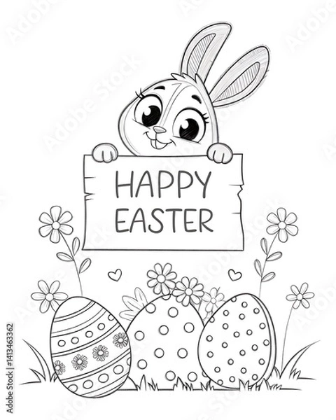 Fototapeta Cartoon easter bunny holding happy easter sign with decorated eggs and flowers in black and white outline