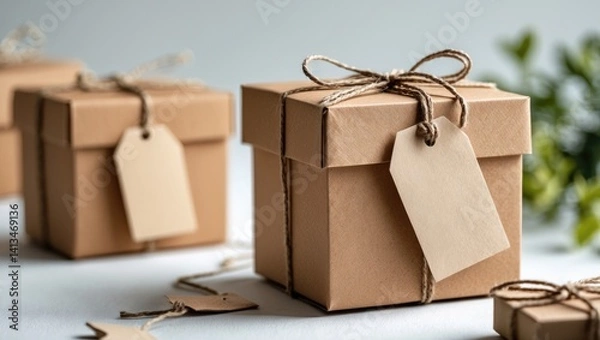 Obraz Assemble a gift box featuring a bow on a white surface. Blank area for text and design. Soap, environmentally friendly, zero waste, plastic-free theme.