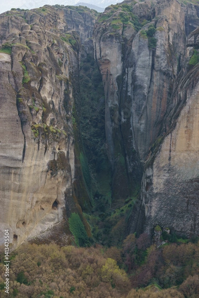 Obraz Detail view of landscape of the famous rock formations of Meteora with green grass at spring time, Kalambaka, Thessaly, Greece