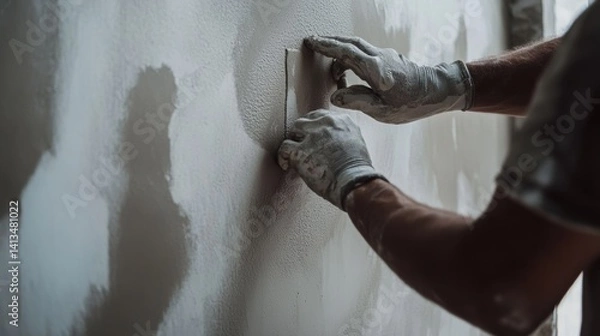 Fototapeta Construction worker applying plaster to a new wall. Featuring wall finishing and construction tasks
