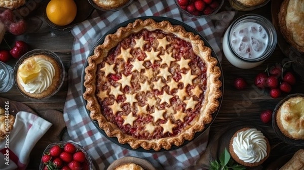 Fototapeta Delicious StarAdorned Pie with Fresh Berries and Creamy Desserts on a Rustic Table Setting