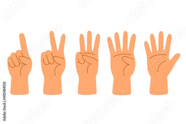 Fototapeta Five hands showing numeric finger gestures from one to five with isolated light background