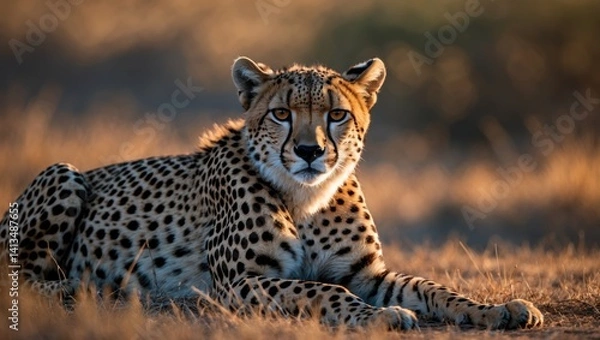 Fototapeta Cheetah gazing directly at the camera - warm evening illumination - Close-up image