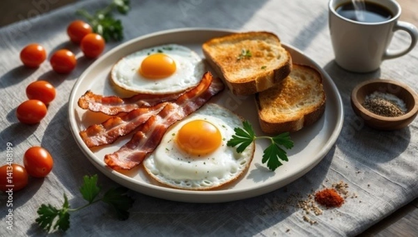Fototapeta Top view of breakfast consisting of fried eggs, bacon, and toast on a white plate with a coffee cup behind. Selective focus