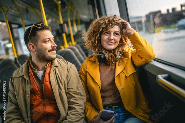 Obraz adult couple or friends smile and enjoy on a bus ride