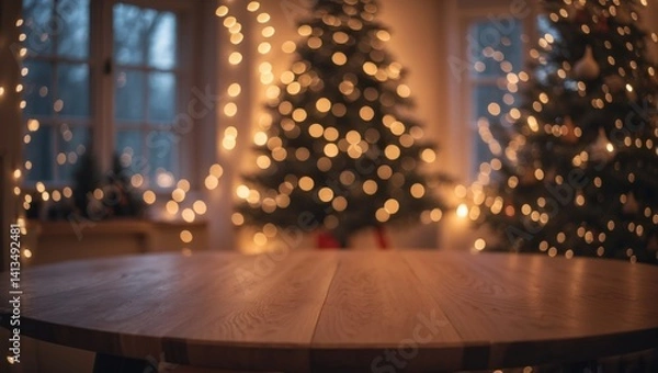 Fototapeta A wooden table showcasing products with a festive backdrop of trees and fairy lights.