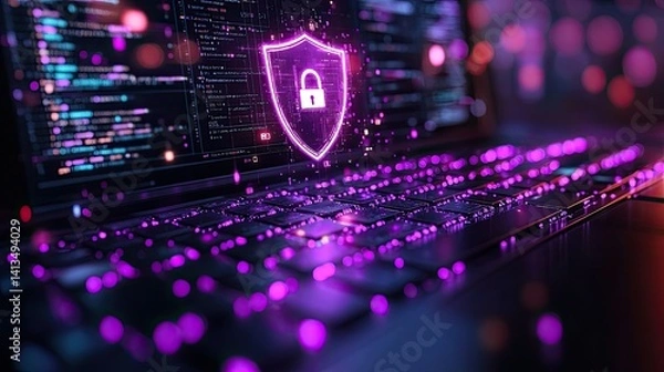Obraz Cybersecurity Shield and Code on Laptop Keyboard