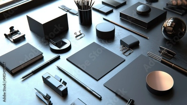 Fototapeta Organized, modern black office supplies on a sleek surface.  Geometric shapes and stationery items arranged in a structured layout.  Dark, stylish presentation.