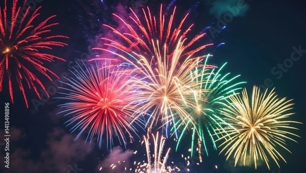 Fototapeta Colorful firework backdrop with available space for text.