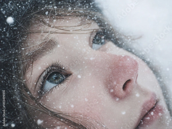 Fototapeta close-up winter portrait of young woman lying in snow, peaceful emotional expression with soft flakes and cold seasonal textures, serene outdoor scene capturing natural beauty and introspection