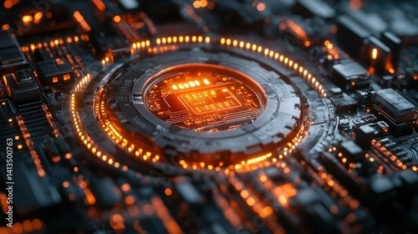 Obraz Glowing Microchip on Circuit Board with Technology Concept