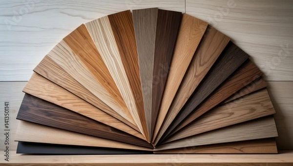 Fototapeta Wood samples for interior materials on a wooden table with an area left blank. Interior design materials chosen, showcasing different types of flooring tiles for building. Mood board.
