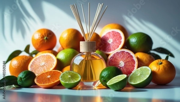 Fototapeta A table with a reed diffuser and different types of fruits