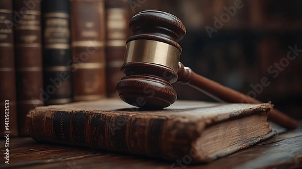Fototapeta Wooden Gavel in a Library Setting, A wooden gavel on a table in a library setting, symbolizing justice
