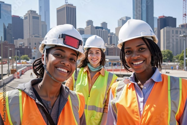 Obraz Diverse women engineers smiling at construction site with city skyline in background