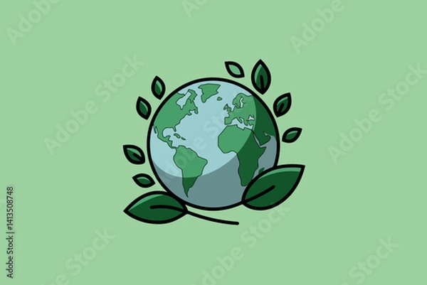 Obraz Planet earth icon with green leaves around, world environment day concept