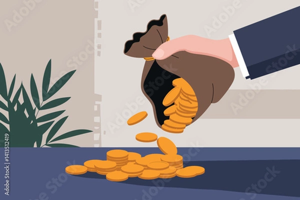 Obraz Vector illustration of a hand holding a bag of falling coins, concept of finance and economy