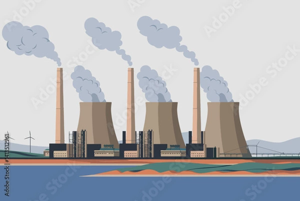 Obraz Vector illustration of power station with smoke coming out of chimneys