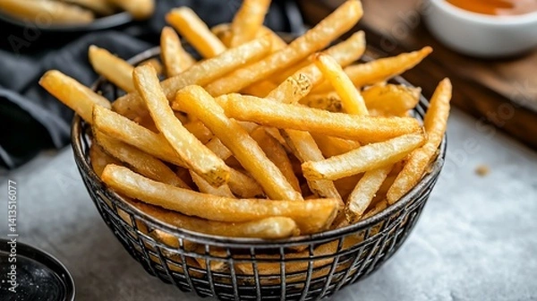 Obraz Wire basket filled with golden, crispy French fries ready to be enjoyed