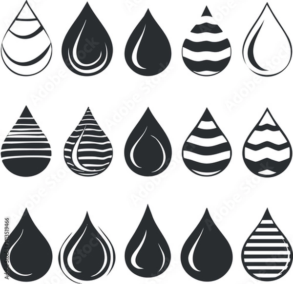 Fototapeta A collection of stylized black and white water drop designs with various patterns and shapes.