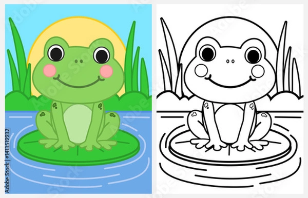 Obraz Cartoon smiling frog coloring page for kids, spring coloring page for kids