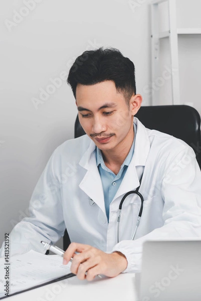 Obraz Man doctor working on laptop computer searching the information and using digital tablet at doctor's office. Medical student using computer, healthcare and medicine concept.