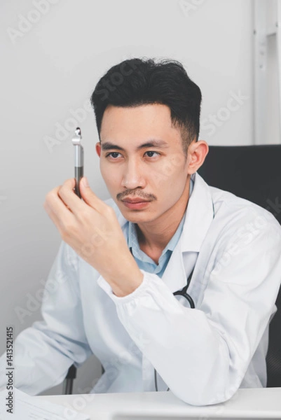 Obraz Man doctor working on laptop computer searching the information and using digital tablet at doctor's office. Medical student using computer, healthcare and medicine concept.