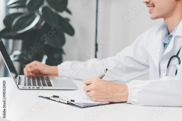 Obraz Man doctor working on laptop computer searching the information and using digital tablet at doctor's office. Medical student using computer, healthcare and medicine concept.